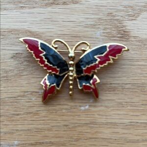 Vintage Gold and Red Butterfly Brooch